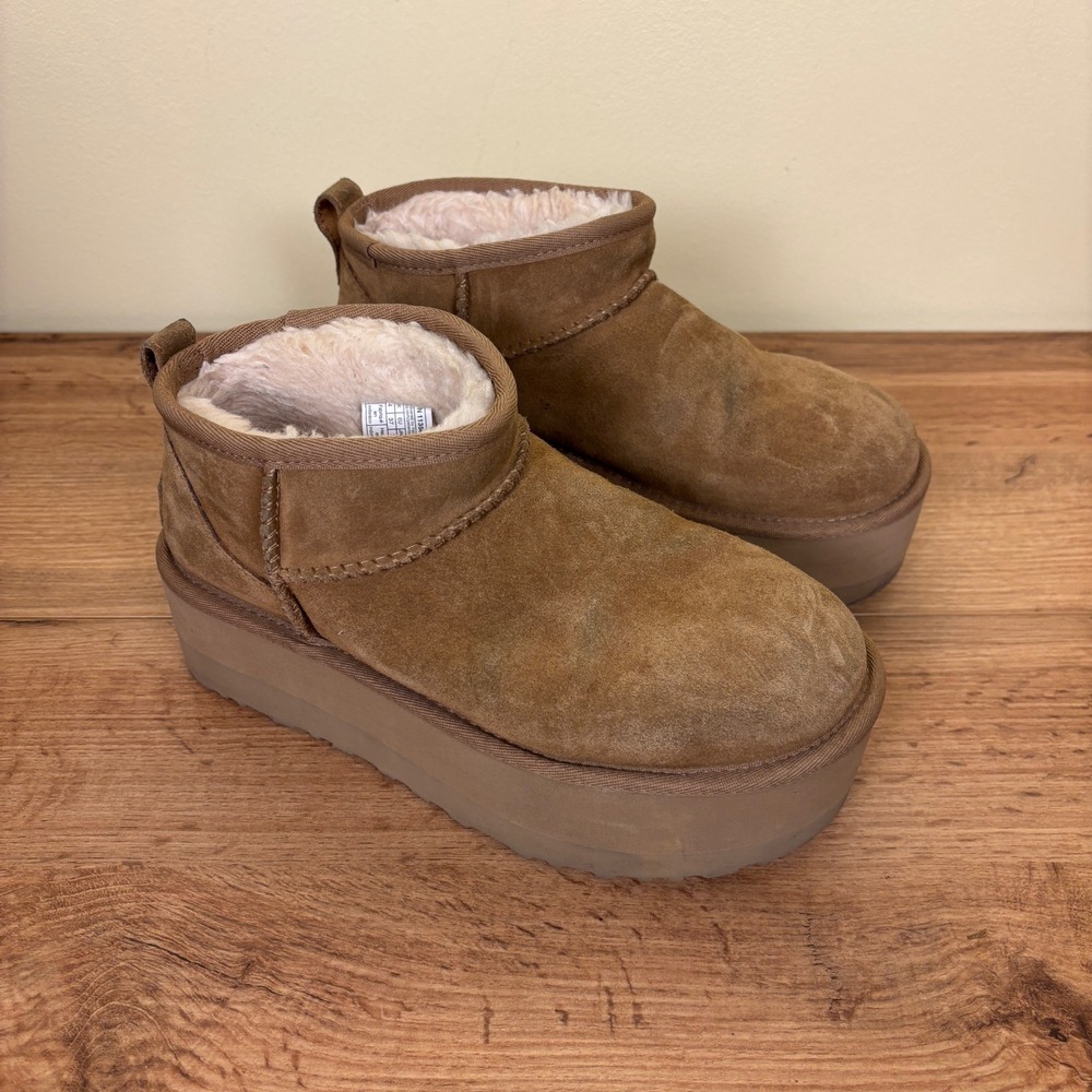 UGG Classic Ultra Mini Platform Ankle Boots Chestnut Tan Women Size 6 Suede Warm